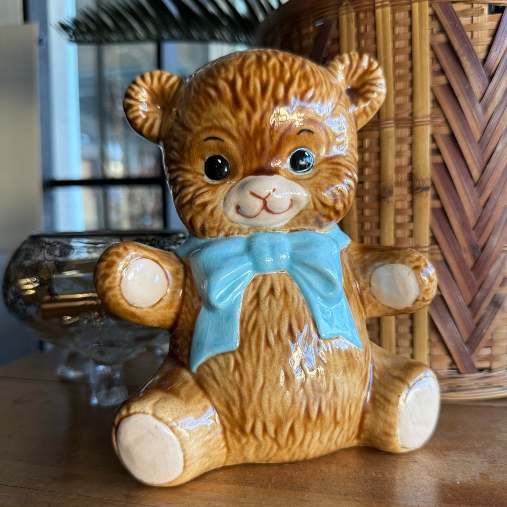 Ceramic Teddy Bear with Blue Bow